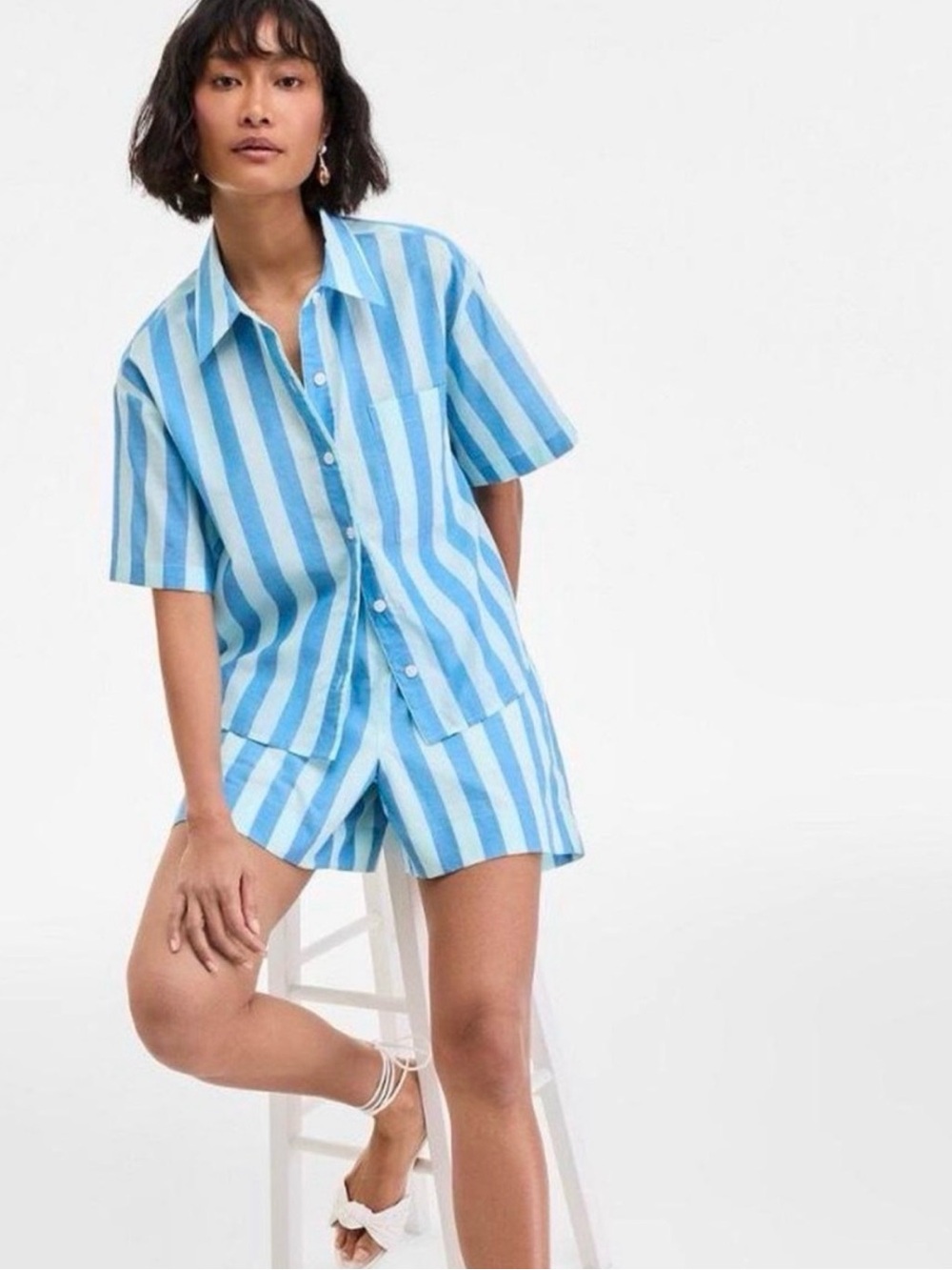 On 34th 100% Cotton High-Rise Striped Blue Women’s Shorts with Pockets